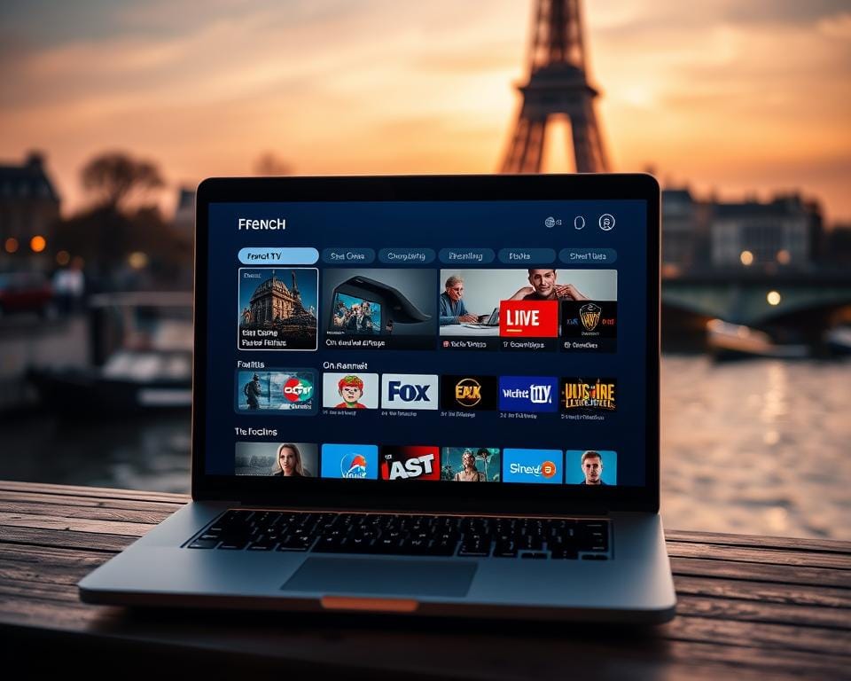 A French IPTV provider, set against a backdrop of the Eiffel Tower and the Seine River. In the foreground, a laptop screen displays a sleek user interface, showcasing various French TV channels and on-demand content. The scene is bathed in a warm, golden light, creating a cozy and inviting atmosphere. The composition is balanced, with the laptop taking center stage and the iconic Parisian landmarks providing a recognizable and visually appealing context. The overall mood conveys a sense of convenience, accessibility, and the ability to enjoy French television from anywhere in the world.