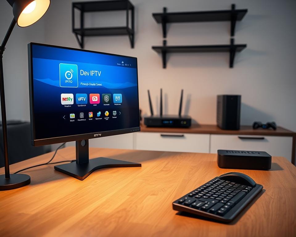 A clean, modern desktop setup featuring a sleek monitor displaying the Dev IPTV Pro interface. In the foreground, a wireless keyboard and mouse sit on a minimalist wooden desk, with a stylish desk lamp providing warm lighting. The middle ground shows various technical devices like a router, set-top box, and external hard drive, neatly arranged to convey the interconnected nature of the system. The background features a simple, uncluttered wall with subtle industrial-style shelving, creating a sense of balance and professionalism. The overall scene conveys a well-organized, technologically-advanced home entertainment setup ready for initial configuration.
