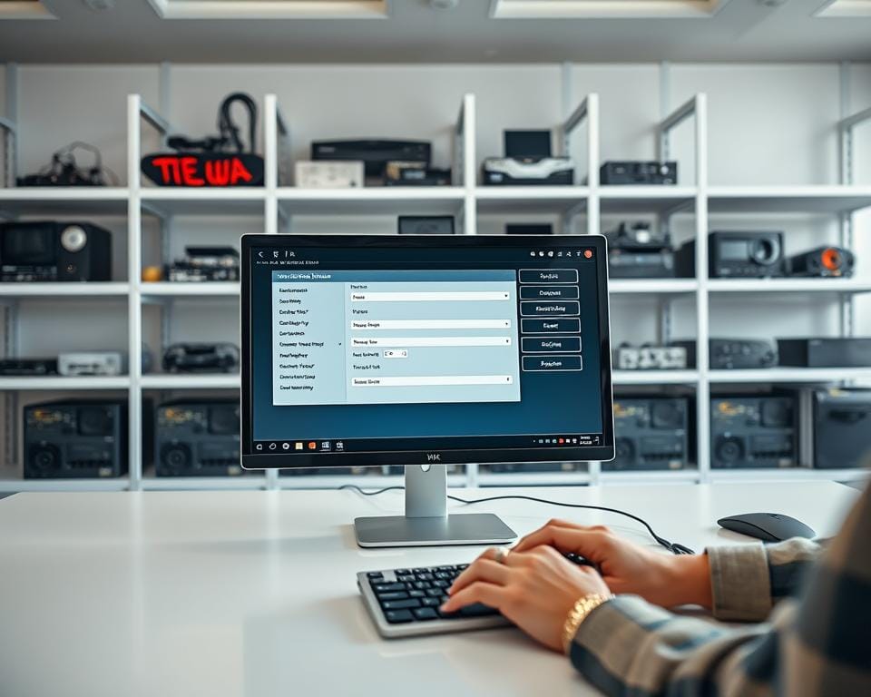 A clean, modern office interior with a large desk and a desktop computer in the foreground. On the screen, a detailed graphical user interface for IPTV configuration, showing various settings and options. In the middle ground, a person's hands typing on the keyboard, engaged in the setup process. The background features shelves with various computer components and networking equipment, conveying a professional, technology-focused atmosphere. The lighting is bright and even, creating a productive and focused mood. The overall composition emphasizes the ease and accessibility of configuring IPTV on a desktop computer.