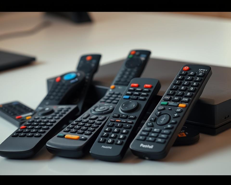 A close-up photograph of various IPTV set-top box remotes, smartly arranged on a minimalist desk. The remotes have different shapes, colors, and button configurations, representing the diverse range of IPTV keys available on the market. The scene is lit by a soft, diffused light, creating a warm, inviting atmosphere. The focus is sharp, capturing the intricate details of the remotes, such as their material textures and subtle branding elements. The overall composition is balanced and visually appealing, drawing the viewer's attention to the variety of IPTV key options.