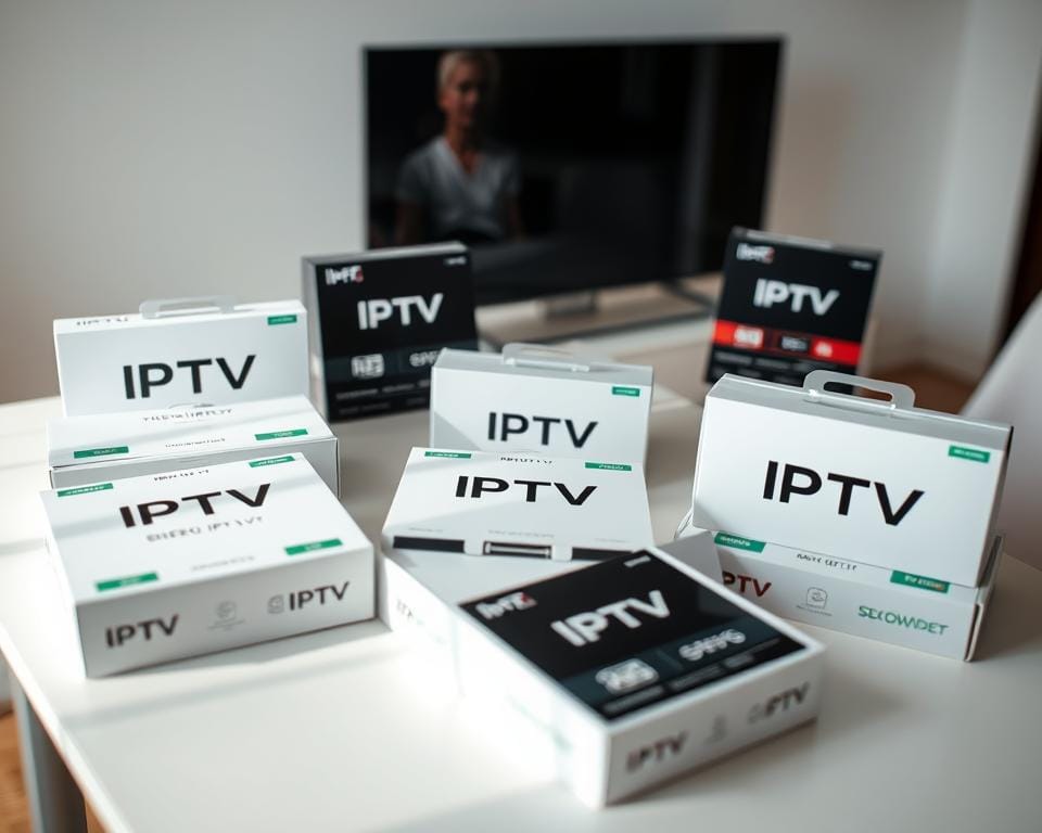 A close-up view of various IPTV subscription packages, neatly arranged on a minimalist table. The packages are presented in clean, modern packaging with distinct logos and pricing information. The lighting is soft and natural, creating a professional, informative atmosphere. The background is a simple, uncluttered space, allowing the subscriptions to be the focal point. The overall composition conveys a sense of clarity, organization, and the practical details that a potential IPTV subscriber would need to make an informed decision.