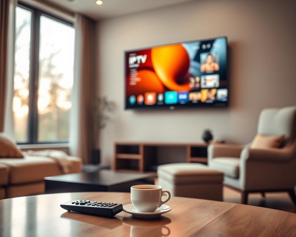 A cozy living room setting with a flat-screen TV mounted on the wall, displaying a vibrant IPTV interface. In the foreground, a modern coffee table with a sleek remote control and a cup of hot coffee. Soft lighting filters through large windows, creating a warm and inviting atmosphere. In the background, a comfortable sofa and plush armchair, suggesting a relaxing environment for enjoying the IPTV service. The scene conveys the ease and convenience of setting up and using a reliable IPTV subscription.