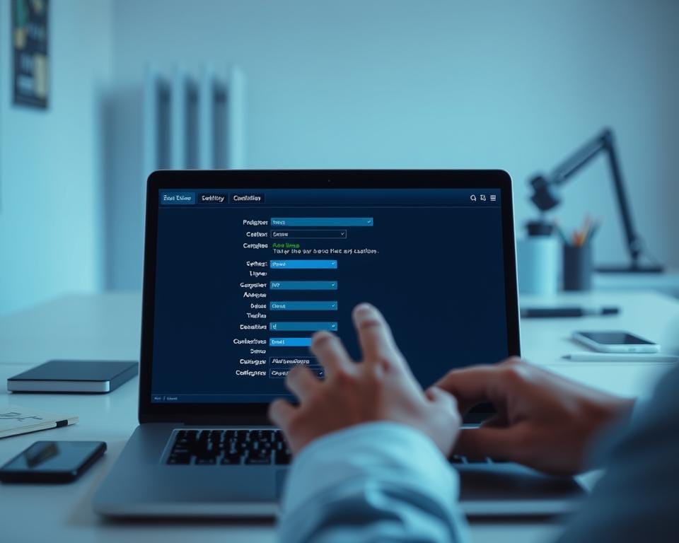 A detailed, step-by-step guide to configuring a first IPTV connection. In the foreground, a laptop screen displays a configuration interface with various settings and options. In the middle ground, a person's hands are navigating the interface, suggesting an interactive setup process. The background features a clean, minimalist workspace with office supplies and a smartphone, creating a professional, tech-savvy atmosphere. The lighting is soft and diffused, with a slight blue tint to convey a sense of digital technology. The overall mood is one of focus, problem-solving, and a successful IPTV configuration.