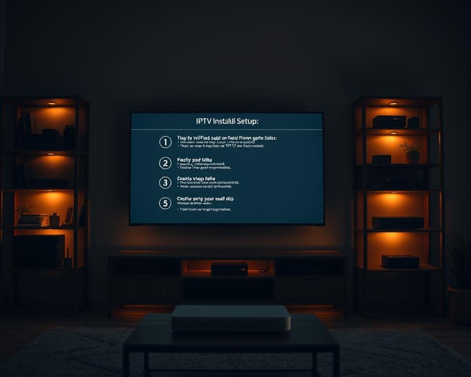 A dimly lit living room setup, with a modern TV stand and shelving system showcasing various IPTV streaming devices. On the main screen, a detailed step-by-step guide is displayed, guiding the viewer through the initial setup process. Warm, focused lighting illuminates the devices, creating a welcoming and informative atmosphere. The composition emphasizes the centrality of the IPTV installation, with the TV stand and shelves occupying the middle ground, and subtle ambient details in the background, such as potted plants or a cozy rug, adding to the homely feel. The overall scene conveys a sense of accessibility and practicality, making the IPTV installation process appear straightforward and user-friendly. A dimly lit living room setup, with a modern TV stand and shelving system showcasing various IPTV streaming devices. On the main screen, a detailed step-by-step guide is displayed, guiding the viewer through the initial setup process. Warm, focused lighting illuminates the devices, creating a welcoming and informative atmosphere. The composition emphasizes the centrality of the IPTV installation, with the TV stand and shelves occupying the middle ground, and subtle ambient details in the background, such as potted plants or a cozy rug, adding to the homely feel. The overall scene conveys a sense of accessibility and practicality, making the IPTV installation process appear straightforward and user-friendly.