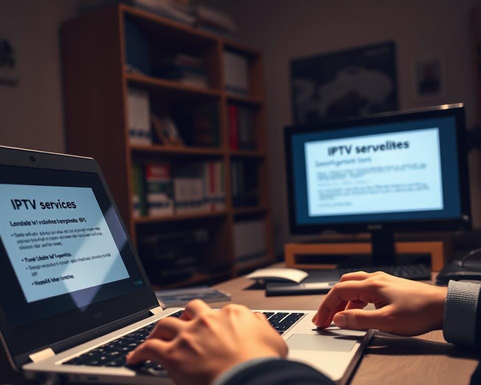 A dimly lit office setting, with a desk featuring an open laptop displaying IPTV service information in French. The foreground showcases a person's hands typing on the keyboard, conveying a sense of focused troubleshooting. The middle ground features a bookshelf with technical manuals and guides, hinting at the user's expertise. The background is softly blurred, creating a cozy, professional atmosphere. The lighting is warm and indirect, creating subtle shadows and highlights that add depth and realism to the scene. The overall mood is one of concentration and problem-solving, reflecting the subject matter of the article section.