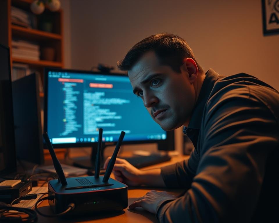 A dimly lit office space, the soft glow of a computer screen illuminating the face of a frustrated IPTV user. On the desk, a neatly organized array of cables and devices - a router, a streaming box, a smartphone - all the tools of the IPTV King365 trade. The user's expression is one of deep concentration, brow furrowed as they navigate the troubleshooting menus, searching for the elusive solution to their connectivity issues. The room is bathed in a warm, amber tone, creating an atmosphere of contemplation and problem-solving. The angle is slightly elevated, giving the viewer a sense of observing the scene from above, as if peering into the private world of an IPTV expert in the midst of their craft.