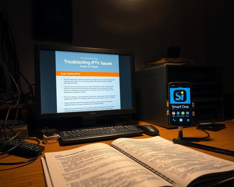 A dimly lit office space with a computer monitor displaying a troubleshooting guide for IPTV issues. The desk is cluttered with various cables, remote controls, and a smartphone displaying the Smart One IPTV app. The lighting is warm and slightly hazy, creating a pensive atmosphere. A technical manual or guide is open on the desk, with handwritten notes in the margins. The overall scene conveys the challenges of resolving IPTV problems, with a focus on the Smart One IPTV service. A dimly lit office space with a computer monitor displaying a troubleshooting guide for IPTV issues. The desk is cluttered with various cables, remote controls, and a smartphone displaying the Smart One IPTV app. The lighting is warm and slightly hazy, creating a pensive atmosphere. A technical manual or guide is open on the desk, with handwritten notes in the margins. The overall scene conveys the challenges of resolving IPTV problems, with a focus on the Smart One IPTV service.