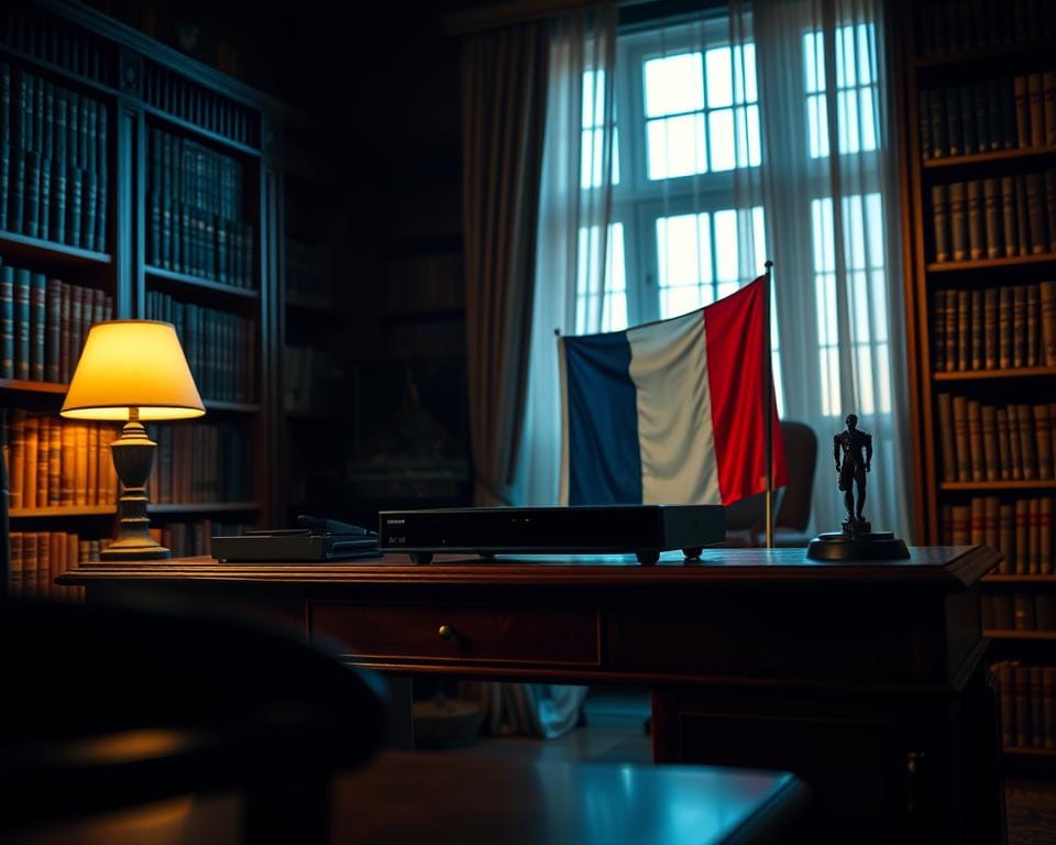 A dimly lit study with a wooden desk, upon which rests a French tricolor flag and a sleek IPTV device. The foreground is slightly blurred, drawing the viewer's attention to the middle ground where the IPTV setup takes center stage. Surrounding the desk are bookshelves filled with legal tomes, casting a warm, scholarly glow. The background features a large window, partially obscured by sheer curtains, hinting at the legal considerations surrounding the use of IPTV in France. The overall tone is one of contemplation and professionalism, befitting the subject matter.