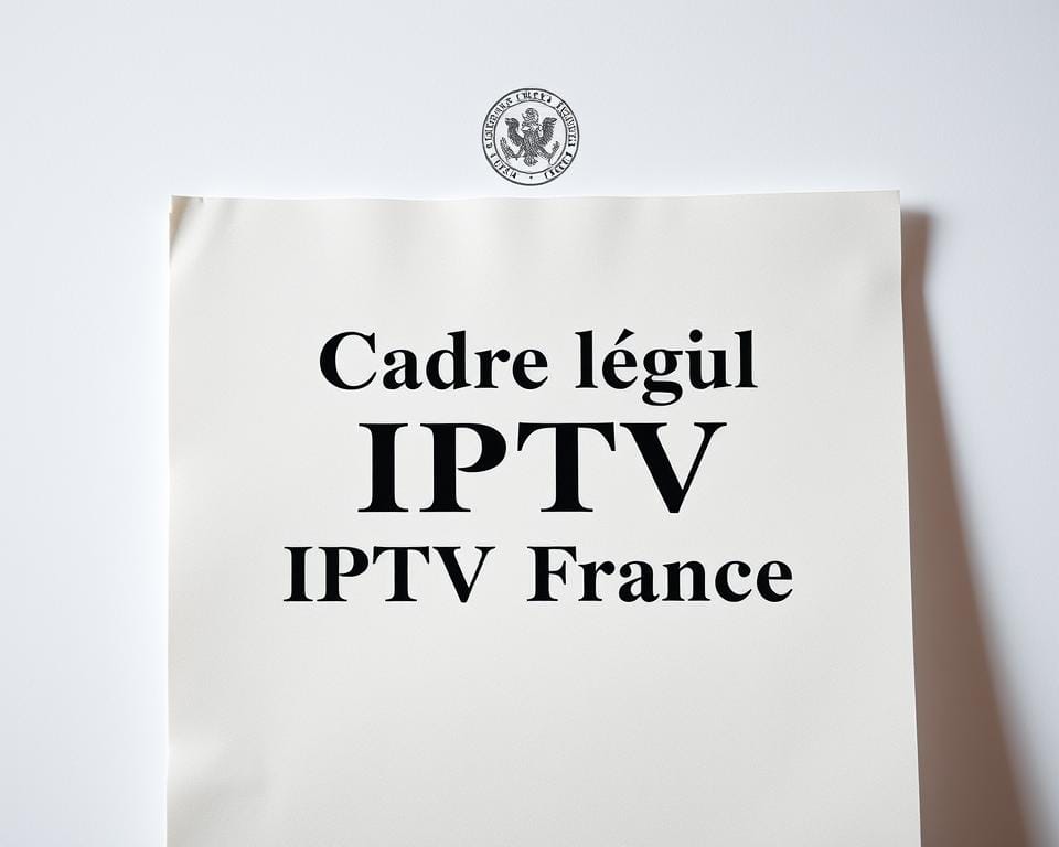 A formal, professional legal document against a clean, minimalist background. The document has a distinctive French government seal and header, with the text "Cadre légal IPTV France" displayed prominently in a classic serif font. The paper has a slightly aged, textured appearance, conveying a sense of authority and legitimacy. Soft, directional lighting casts subtle shadows, adding depth and dimension to the scene. The overall mood is one of seriousness and officialdom, reflecting the legal framework surrounding IPTV in France.