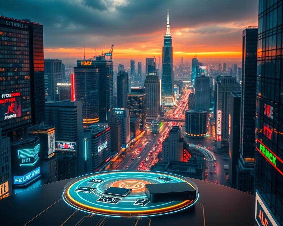 A futuristic cityscape with a glowing IPTV interface in the foreground, showcasing various streaming service icons and devices. The background is a bustling metropolis with skyscrapers, neon lights, and a vibrant urban atmosphere. The image is bathed in a warm, techno-inspired color palette, creating a sense of modernity and connectivity. The overall composition conveys the widespread popularity and convenience of IPTV technology in France, catering to the modern digital lifestyle.