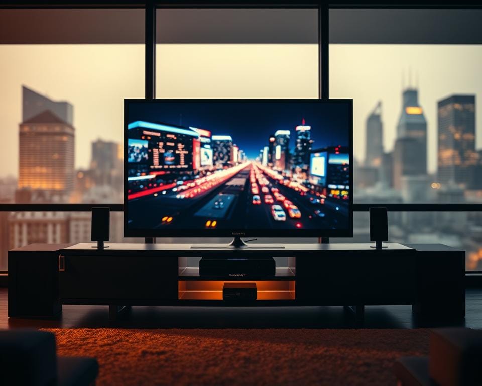 A high-contrast, cinematic image depicting a premium IPTV live streaming service. The frame is centered on a sleek, modern television screen displaying a vibrant, crystal-clear live broadcast. The screen is surrounded by a dark, minimalist entertainment unit, with subtle lighting accents highlighting the premium materials and finishes. In the background, a blurred cityscape can be seen through large windows, conveying a sense of urban sophistication. The overall lighting is dramatic, with warm tones and deep shadows, creating an immersive, theatrical atmosphere. The composition emphasizes the premium quality and seamless user experience of the IPTV service. A high-contrast, cinematic image depicting a premium IPTV live streaming service. The frame is centered on a sleek, modern television screen displaying a vibrant, crystal-clear live broadcast. The screen is surrounded by a dark, minimalist entertainment unit, with subtle lighting accents highlighting the premium materials and finishes. In the background, a blurred cityscape can be seen through large windows, conveying a sense of urban sophistication. The overall lighting is dramatic, with warm tones and deep shadows, creating an immersive, theatrical atmosphere. The composition emphasizes the premium quality and seamless user experience of the IPTV service.