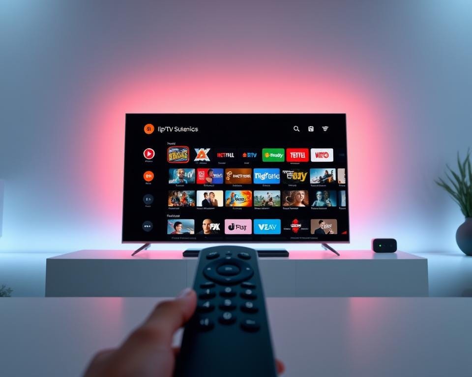 A high-quality 4K IPTV subscription service shown in a clean, modern design. In the foreground, a streaming device or smart TV remote is prominently displayed, conveying the ease of accessing the IPTV service. The middle ground features a tablet or smartphone displaying the IPTV interface, showcasing the wide selection of channels and on-demand content available. The background has a minimalist, tech-inspired ambiance, with subtle gradients and geometric shapes, reinforcing the advanced, premium nature of the IPTV offering. The overall scene captures the convenience, versatility, and high-definition viewing experience of a top-tier IPTV subscription.