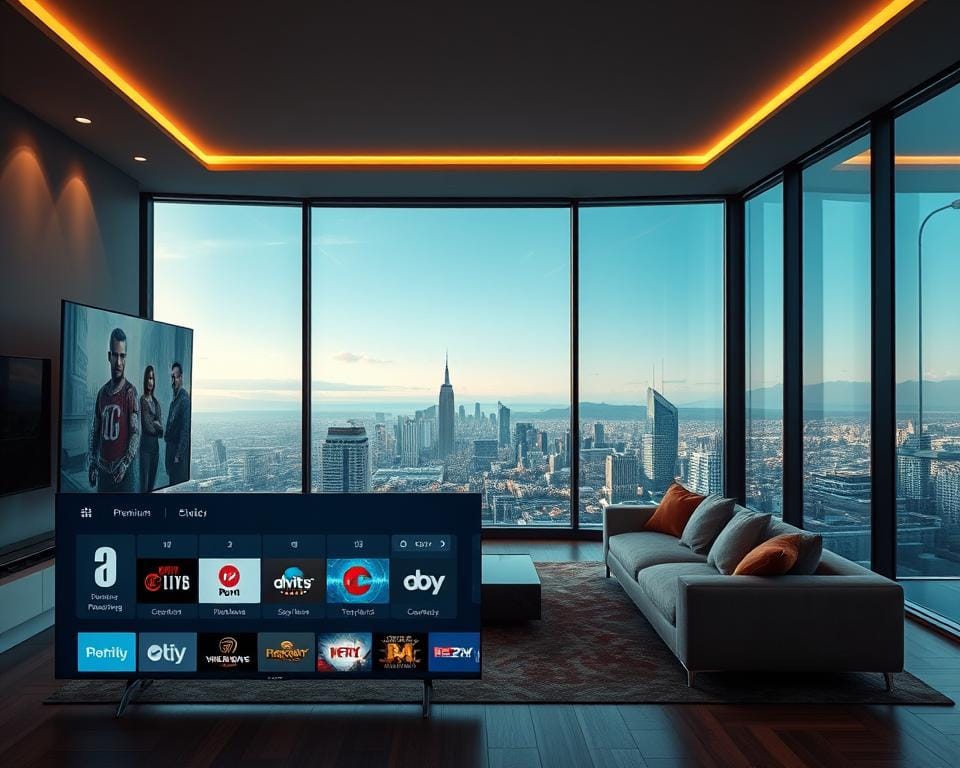 A high-quality, cinematic image showcasing a diverse array of premium IPTV channels. The foreground features a sleek, minimalist smart TV interface with a selection of vibrant, captivating channel logos and icons. The middle ground presents a panoramic view of a modern, well-appointed living room, with a comfortable couch and large windows overlooking a scenic cityscape in the background. Soft, directional lighting casts a warm, inviting glow throughout the scene, creating a sense of luxury and entertainment. The overall composition conveys the breadth and sophistication of the premium IPTV experience. A high-quality, cinematic image showcasing a diverse array of premium IPTV channels. The foreground features a sleek, minimalist smart TV interface with a selection of vibrant, captivating channel logos and icons. The middle ground presents a panoramic view of a modern, well-appointed living room, with a comfortable couch and large windows overlooking a scenic cityscape in the background. Soft, directional lighting casts a warm, inviting glow throughout the scene, creating a sense of luxury and entertainment. The overall composition conveys the breadth and sophistication of the premium IPTV experience.