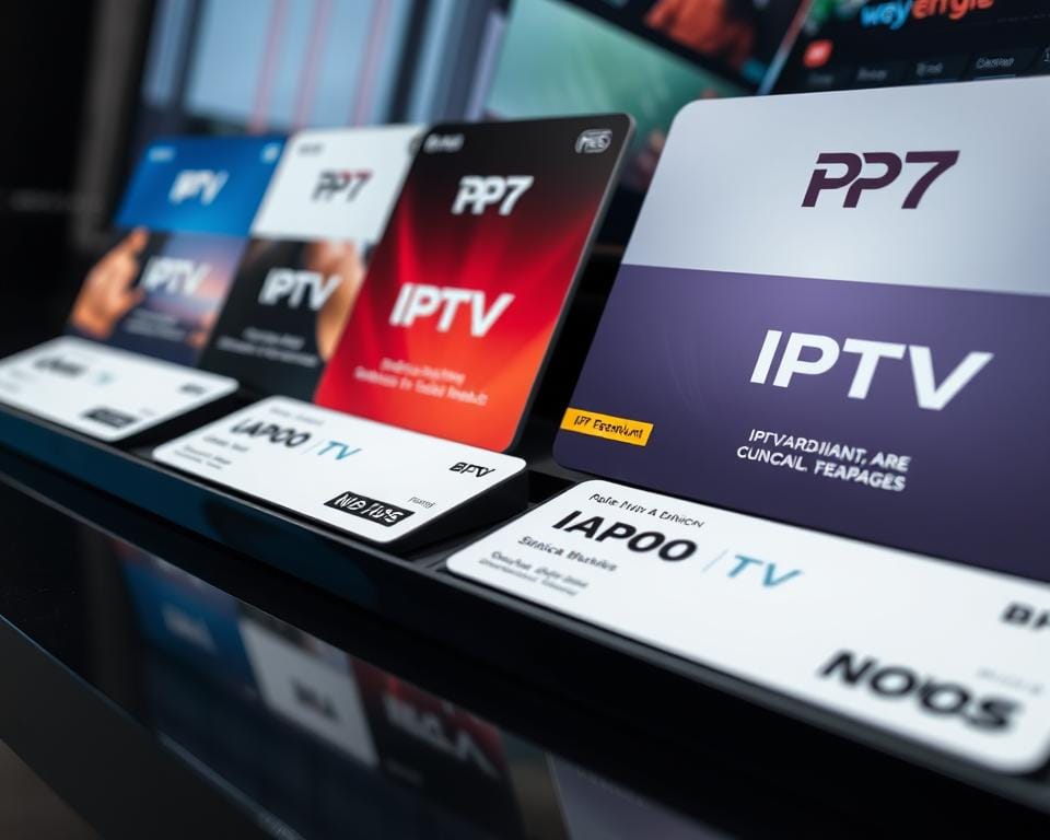 A high-quality close-up view of various IPTV subscription packages, neatly displayed on a sleek, modern black surface. The packages are presented in a visually appealing and organized manner, with clear branding and pricing information. The lighting is soft and diffused, creating a professional and premium aesthetic. The image has a crisp, high-resolution quality, with a shallow depth of field that focuses the viewer's attention on the IPTV subscription details. The overall mood is one of authority, reliability, and a premium digital entertainment experience.