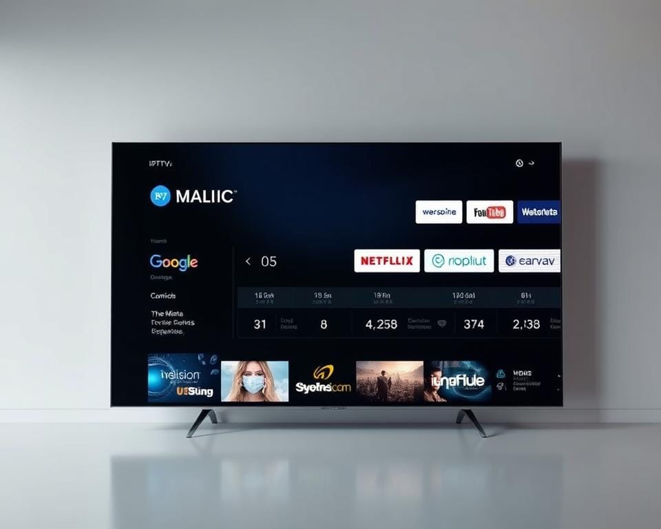 A high-quality comparison of popular IPTV services in France, showcased against a clean and professional backdrop. The frame captures a sleek, minimalist design with a prominent display of service logos, user interface screenshots, and key performance metrics. The lighting is soft and even, creating a sense of clarity and focus. The composition places the central elements in an visually appealing layout, encouraging the viewer to easily compare and contrast the available IPTV options. The overall mood is one of informative authority, reflecting the comprehensive nature of the "Guide des meilleurs services IPTV en France" article.