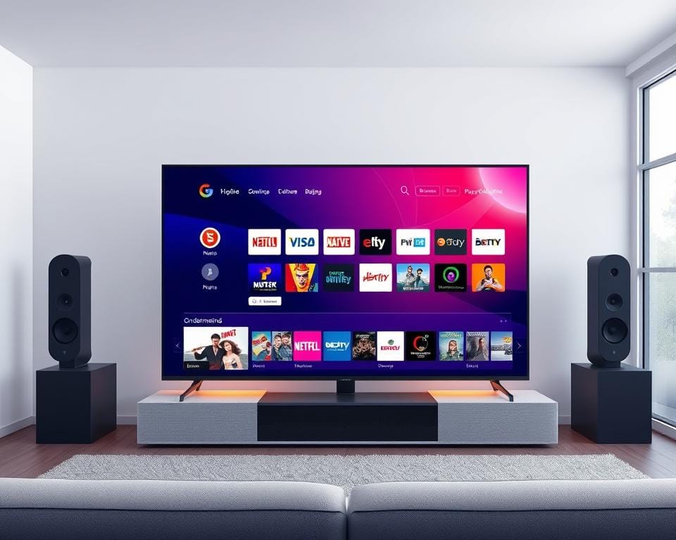 A high-quality, detailed illustration of "IPTV en ligne" (online IPTV) showcasing its key features and benefits. The image depicts a modern, sleek smart TV screen displaying a vibrant, interactive IPTV interface. In the foreground, various IPTV content options are prominently featured, such as live TV channels, on-demand movies, and streaming services. The middle ground features a minimalist home theater setup, including a high-end soundbar and ambient lighting, suggesting the immersive viewing experience of IPTV. The background has a clean, contemporary room setting with large windows, providing a sense of openness and connectivity. The overall mood is one of technological sophistication, convenience, and entertainment, reflecting the advantages of using IPTV. A high-quality, detailed illustration of "IPTV en ligne" (online IPTV) showcasing its key features and benefits. The image depicts a modern, sleek smart TV screen displaying a vibrant, interactive IPTV interface. In the foreground, various IPTV content options are prominently featured, such as live TV channels, on-demand movies, and streaming services. The middle ground features a minimalist home theater setup, including a high-end soundbar and ambient lighting, suggesting the immersive viewing experience of IPTV. The background has a clean, contemporary room setting with large windows, providing a sense of openness and connectivity. The overall mood is one of technological sophistication, convenience, and entertainment, reflecting the advantages of using IPTV.