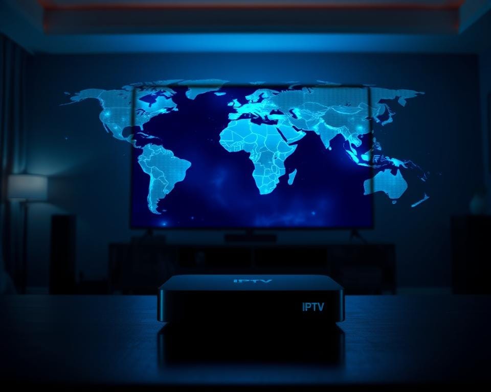 A high-quality digital image of an IPTV premium service. The foreground depicts the silhouette of a modern smart TV, glowing with a vibrant blue-green hue, against a dimly lit living room scene. The middle ground showcases a sleek streaming media player device, its smooth surface reflecting the surrounding lighting. In the background, a detailed world map unfolds, highlighting the global reach and accessibility of the IPTV premium service. The overall atmosphere conveys a sense of technological innovation, seamless connectivity, and the convenience of on-demand media consumption. A high-quality digital image of an IPTV premium service. The foreground depicts the silhouette of a modern smart TV, glowing with a vibrant blue-green hue, against a dimly lit living room scene. The middle ground showcases a sleek streaming media player device, its smooth surface reflecting the surrounding lighting. In the background, a detailed world map unfolds, highlighting the global reach and accessibility of the IPTV premium service. The overall atmosphere conveys a sense of technological innovation, seamless connectivity, and the convenience of on-demand media consumption.