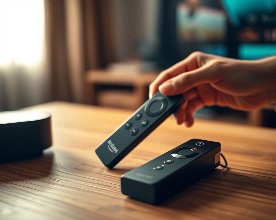 A high-quality image of a person's hands configuring an Amazon Fire Stick with an IPTV setup. The Fire Stick is in the foreground, displayed on a wooden surface. The person's hands are visible, delicately manipulating the device's settings. The background is blurred, creating a soft, warm atmosphere. Subtle lighting from the side casts gentle shadows, highlighting the tactile nature of the setup process. The image conveys a sense of focus and expertise, reflecting the technical nature of the IPTV configuration task.