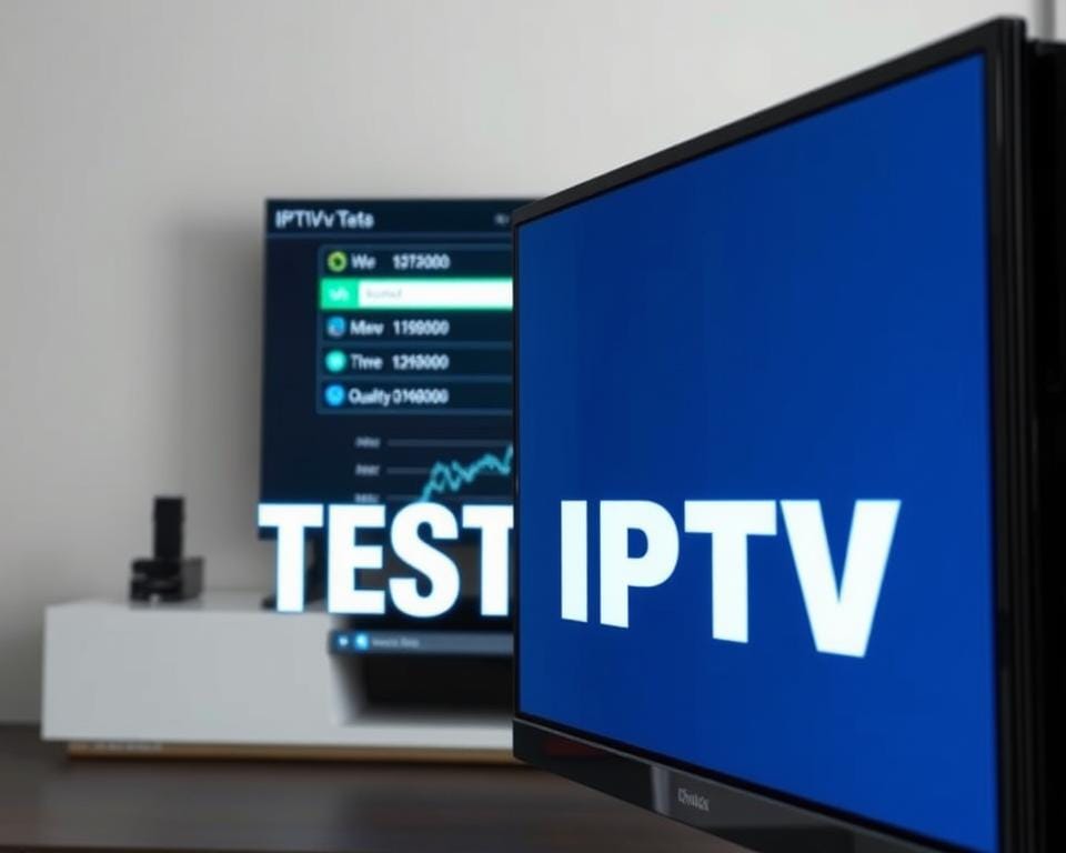 A high-quality image of "test iptv" for a practical guide on watching television online with an IPTV link. In the foreground, a sleek, modern television set displaying the words "TEST IPTV" in a bold, legible font. The screen is crisp and clear, showcasing the potential of an IPTV service. In the middle ground, a laptop or desktop computer, its screen displaying a series of network speed and quality tests, providing visual feedback on the reliability and performance of the IPTV connection. The background features a minimalist, contemporary home setting, with clean lines, neutral tones, and subtle lighting, creating a calm and professional atmosphere that complements the technological focus of the image. The overall composition conveys a sense of functionality, efficiency, and the practical evaluation of an IPTV service before making a purchase decision, aligning with the section title "How to test the quality of an IPTV link before purchase".