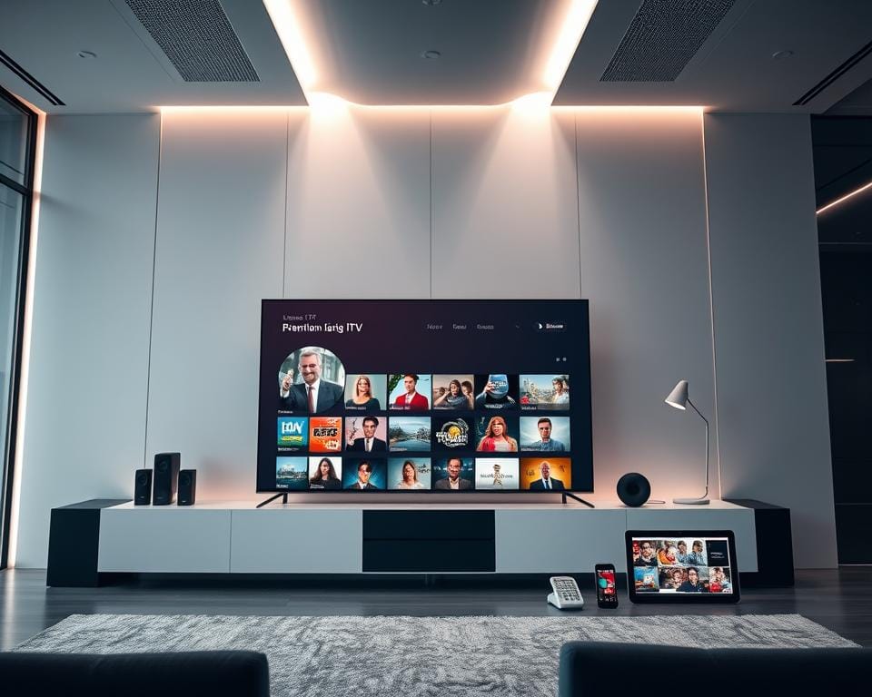 A high-quality, premium IPTV service provider set against a sleek, modern backdrop. In the foreground, a minimalist smart TV display showcases a diverse range of live TV channels and on-demand content, hinting at the service's breadth and quality. The middle ground features various devices like smartphones and tablets, conveying the multi-platform accessibility of the IPTV solution. In the background, a sophisticated, tech-inspired environment with clean lines, subtle lighting, and a sense of refinement establishes the premium nature of the offering. The overall mood is one of professionalism, reliability, and an elevated entertainment experience. A high-quality, premium IPTV service provider set against a sleek, modern backdrop. In the foreground, a minimalist smart TV display showcases a diverse range of live TV channels and on-demand content, hinting at the service's breadth and quality. The middle ground features various devices like smartphones and tablets, conveying the multi-platform accessibility of the IPTV solution. In the background, a sophisticated, tech-inspired environment with clean lines, subtle lighting, and a sense of refinement establishes the premium nature of the offering. The overall mood is one of professionalism, reliability, and an elevated entertainment experience.