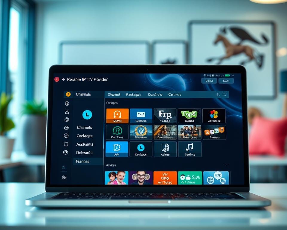 A high-quality, well-lit, professional photograph of a reliable IPTV service provider. The image shows a laptop or smartphone screen displaying the IPTV provider's user interface, with clear menus and options for channels, packages, and account management. The background features modern office or home decor, suggesting a trustworthy and reputable business. The overall scene conveys a sense of stability, security, and dependability to the viewer, highlighting the key criteria for choosing a reliable IPTV provider in France.