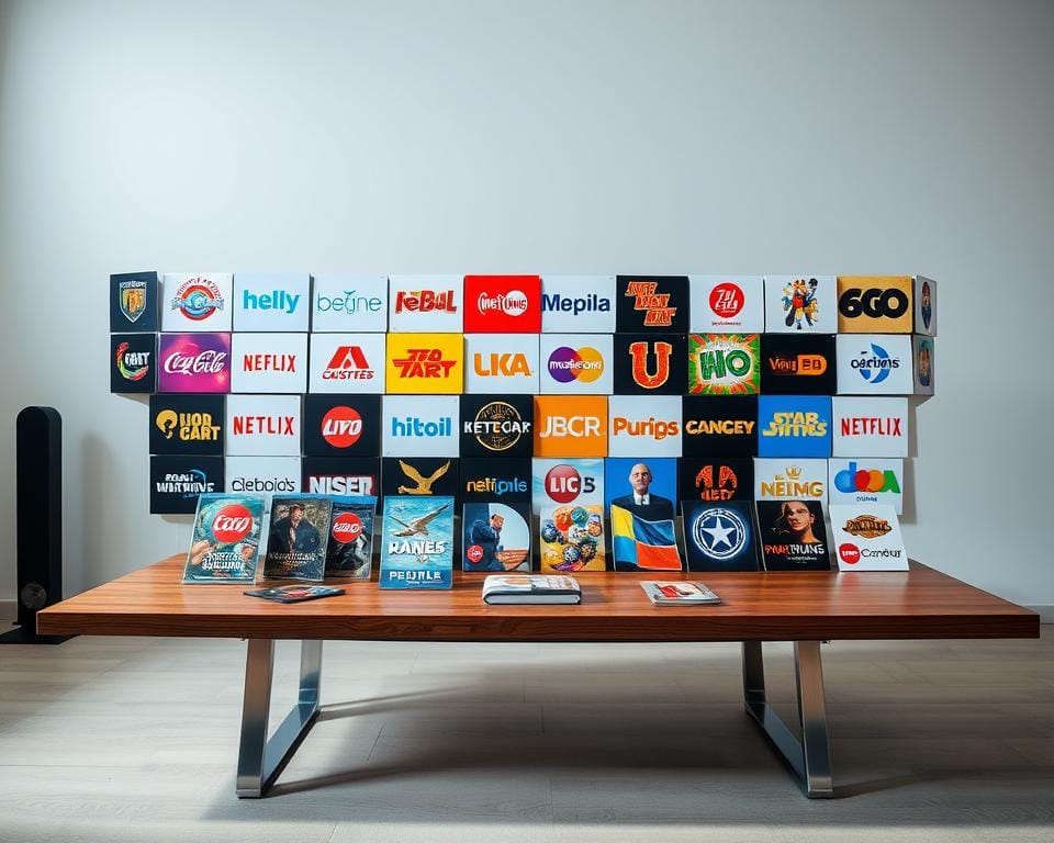 A high-quality, well-lit studio shot of an array of international TV show logos and covers, neatly arranged on a sleek, minimalist wooden table. The logos and covers are crisp, vibrant, and visually appealing, showcasing a diverse range of global entertainment options. The lighting is soft and directional, creating depth and highlighting the textural details of the materials. The composition is balanced and symmetrical, with a clean, uncluttered background that allows the subject to be the focal point. The overall mood is one of sophistication, quality, and a sense of the global reach of these international television series.