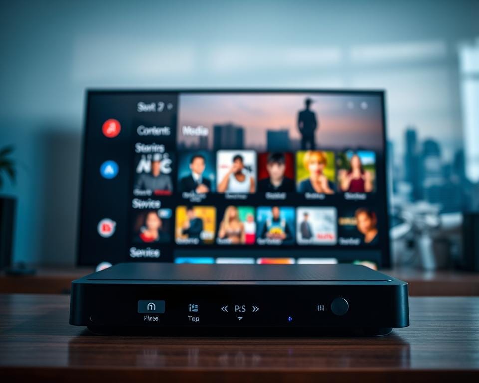 A high-resolution image of the sleek, modern interface of the Smart One IPTV set-top box. The foreground shows the main menu screen with a clean, minimalist design featuring intuitive icons and smooth navigation controls. The middle ground showcases various content categories and streaming services available, with vibrant thumbnail images highlighting the diverse media library. In the background, a subtle gradient or blurred cityscape creates a sense of depth and sophistication. The lighting is soft and diffused, giving the interface a warm, inviting glow. The camera angle is slightly elevated, providing an ergonomic, user-friendly perspective. A high-resolution image of the sleek, modern interface of the Smart One IPTV set-top box. The foreground shows the main menu screen with a clean, minimalist design featuring intuitive icons and smooth navigation controls. The middle ground showcases various content categories and streaming services available, with vibrant thumbnail images highlighting the diverse media library. In the background, a subtle gradient or blurred cityscape creates a sense of depth and sophistication. The lighting is soft and diffused, giving the interface a warm, inviting glow. The camera angle is slightly elevated, providing an ergonomic, user-friendly perspective.