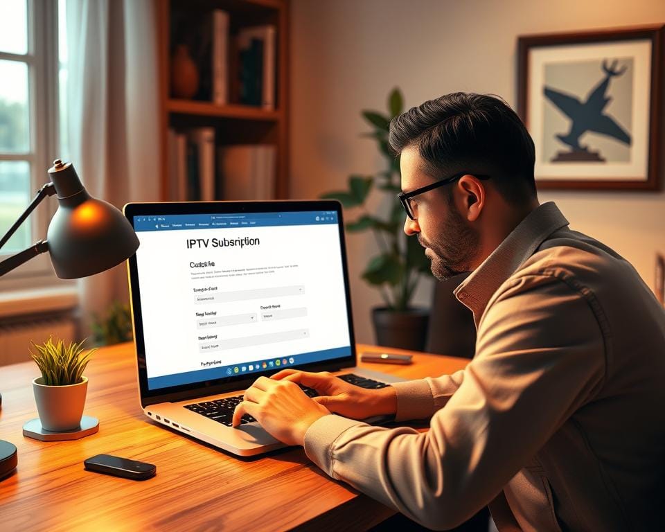 A highly detailed 3D render of a man purchasing an IPTV subscription on his laptop. The scene is set in a cozy home office with warm lighting and a wooden desk. The man is focused on the screen, his hand resting on the computer mouse as he navigates the IPTV provider's website. In the background, we see bookshelves, a potted plant, and a framed artwork on the wall, creating a sense of a professional, yet comfortable workspace. The overall mood is one of productivity and ease, reflecting the straightforward process of setting up an IPTV service. A highly detailed 3D render of a man purchasing an IPTV subscription on his laptop. The scene is set in a cozy home office with warm lighting and a wooden desk. The man is focused on the screen, his hand resting on the computer mouse as he navigates the IPTV provider's website. In the background, we see bookshelves, a potted plant, and a framed artwork on the wall, creating a sense of a professional, yet comfortable workspace. The overall mood is one of productivity and ease, reflecting the straightforward process of setting up an IPTV service.