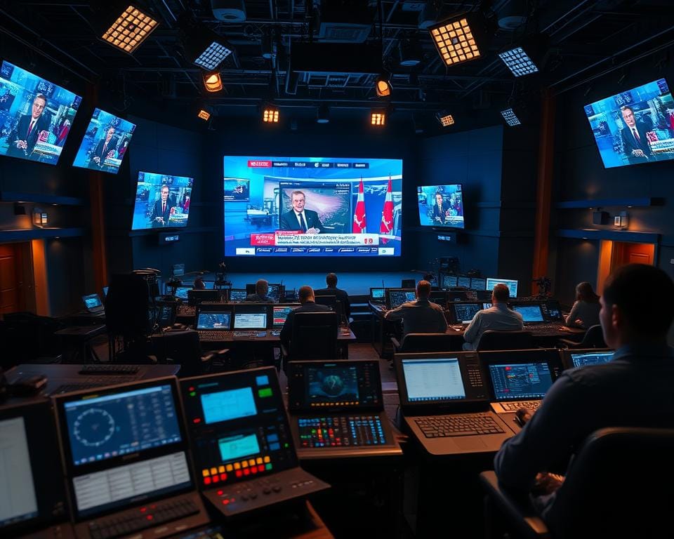 A live television studio with multiple screens and broadcast equipment. In the foreground, a large, high-definition screen displays a live news broadcast, with anchors presenting the latest headlines. In the middle ground, various technical consoles and control panels are arranged, manned by a team of operators closely monitoring the broadcast. The background is dimly lit, with a sense of focus and intensity, highlighting the importance of the live television production. The lighting is a combination of warm studio lighting and the cool glow of the screens, creating a dynamic and engaging atmosphere. The camera angle is slightly elevated, giving a sense of the scale and complexity of the live television setup.