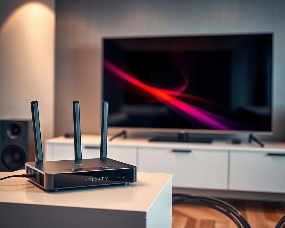A modern IPTV setup with sleek and minimalist equipment. In the foreground, a high-end router and a compact IPTV set-top box sit atop a minimalist entertainment console. Soft, diffused lighting illuminates the scene, creating a warm and inviting atmosphere. The middle ground features various HDMI and Ethernet cables neatly organized and routed, ensuring a clean and tidy installation. In the background, a large, high-definition smart TV displays a vivid, color-accurate image, hinting at the premium viewing experience enabled by the IPTV system. The overall composition conveys a sense of efficiency, technological sophistication, and seamless integration into a modern home entertainment setup. A modern IPTV setup with sleek and minimalist equipment. In the foreground, a high-end router and a compact IPTV set-top box sit atop a minimalist entertainment console. Soft, diffused lighting illuminates the scene, creating a warm and inviting atmosphere. The middle ground features various HDMI and Ethernet cables neatly organized and routed, ensuring a clean and tidy installation. In the background, a large, high-definition smart TV displays a vivid, color-accurate image, hinting at the premium viewing experience enabled by the IPTV system. The overall composition conveys a sense of efficiency, technological sophistication, and seamless integration into a modern home entertainment setup.