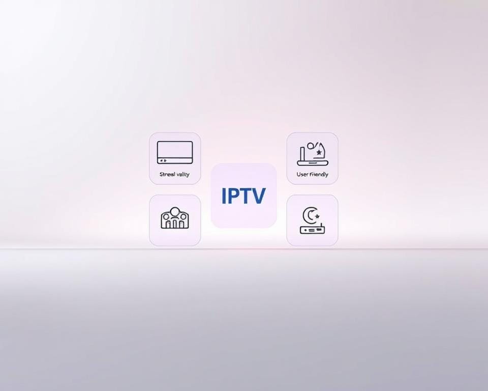 A modern and minimalist illustration showcasing the top 5 best IPTV providers in France for 2023. The image depicts a clean, elegant composition with five distinct service icons arranged in a visually appealing grid layout. The icons feature simple yet striking graphics representing key features of each provider, such as channel variety, streaming quality, user-friendliness, and customer satisfaction. The background is a soft, neutral gradient that allows the icons to stand out prominently. The overall mood is professional, trustworthy, and informative, reflecting the authoritative nature of the article's subject matter. Subtle lighting and camera angle create depth and dimension, drawing the viewer's eye towards the central focus.