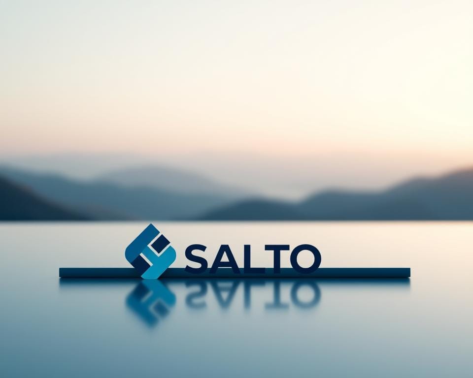 A modern and minimalist rendering of the SALTO IPTV collaborative platform. The foreground features a sleek and stylized logo composed of geometric shapes in shades of blue and gray, resting on a slightly reflective surface. The middle ground showcases a serene, abstract landscape with soft gradients, hinting at the diverse content and services available on the platform. The background is filled with a subtle, ethereal glow, creating a sense of warmth and connectivity. The overall composition conveys a clean, sophisticated, and collaborative atmosphere, reflecting the essence of the SALTO IPTV service.