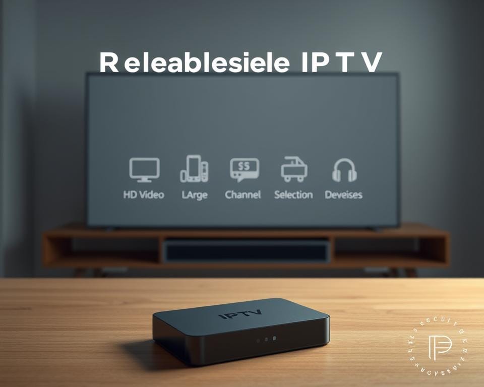 A modern and professional-looking illustration of a reliable IPTV subscription. In the foreground, a sleek and minimalist IPTV device, such as a smart TV box or streaming stick, resting on a minimalist wood or glass surface, conveying a sense of simplicity and high-quality design. In the middle ground, various icons and symbols representing the key features of a reliable IPTV service, such as HD video quality, a large channel selection, and compatibility with multiple devices. In the background, a subtle and muted pattern or texture, creating a clean and sophisticated visual aesthetic. The lighting is soft and directional, highlighting the key elements of the composition. The overall mood is one of trust, reliability, and technological sophistication, reflecting the practical and trustworthy nature of a high-quality IPTV subscription.