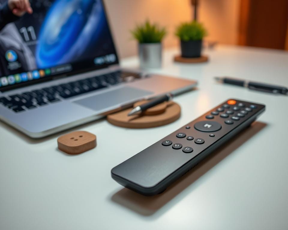 A modern and sleek IPTV remote control lying on a minimalist desk, with a laptop and smartphone in the background. The remote has a clean, streamlined design with a few intuitive buttons. The desk is well-organized, with a coaster, pen, and a small plant adding a touch of natural greenery. The lighting is soft and even, creating a professional and inviting atmosphere. The overall scene conveys the idea of a convenient and user-friendly IPTV subscription service.