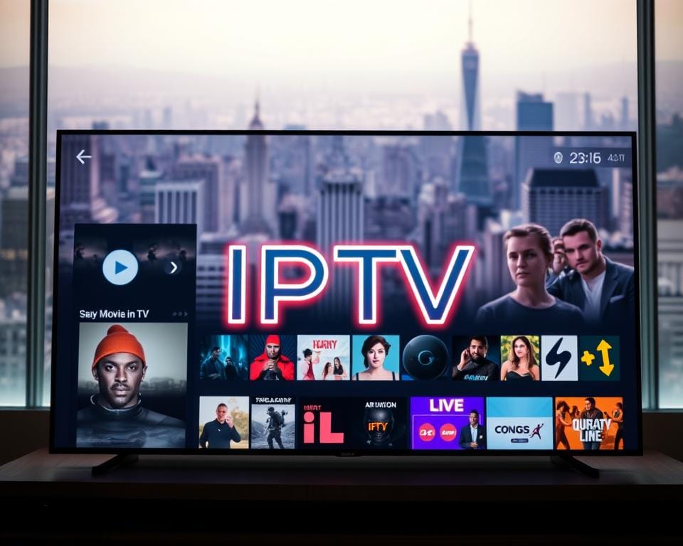 A modern and vibrant IPTV service showcased on a sleek, high-definition display. The foreground features the IPTV logo, rendered in a bold, minimalist style with a neon-like glow. The middle ground depicts a selection of streaming content, including movies, TV shows, and live channels, all presented in a visually appealing grid layout. The background is a soft, blurred cityscape, conveying a sense of connectivity and the global reach of IPTV technology. The overall scene is lit with a warm, ambient light, creating a inviting and visually stunning impression that highlights the accessibility and versatility of IPTV.