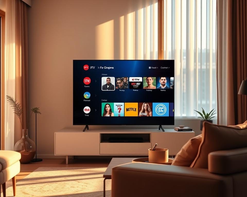 A modern, high-quality IPTV subscription service displayed on a sleek, minimalist smart TV in a well-lit, contemporary living room. The TV's display shows a vibrant, high-definition streaming interface with a wide selection of premium channels and on-demand content. The scene has a clean, sophisticated aesthetic with warm, natural lighting filtering in through large windows, creating a cozy and inviting atmosphere. The TV is positioned on a minimalist entertainment unit, surrounded by carefully curated decor elements that complement the room's modern, luxurious vibe. The overall impression is one of a premium, seamless home entertainment experience. A modern, high-quality IPTV subscription service displayed on a sleek, minimalist smart TV in a well-lit, contemporary living room. The TV's display shows a vibrant, high-definition streaming interface with a wide selection of premium channels and on-demand content. The scene has a clean, sophisticated aesthetic with warm, natural lighting filtering in through large windows, creating a cozy and inviting atmosphere. The TV is positioned on a minimalist entertainment unit, surrounded by carefully curated decor elements that complement the room's modern, luxurious vibe. The overall impression is one of a premium, seamless home entertainment experience.