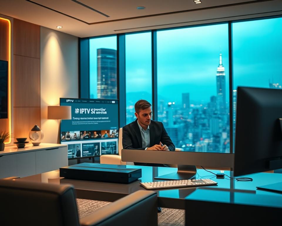 A modern, high-tech office setting with sleek, minimalist furniture and decor. In the foreground, a desktop computer displaying the IPTV service provider's website, showcasing their premium offerings. The screen is crisp and vibrant, with clear, detailed images and a user-friendly interface. In the middle ground, a professional-looking man in a suit, sitting at the desk, intently studying the IPTV service details. The lighting is soft and directional, creating a warm, inviting atmosphere. In the background, a large window overlooking a bustling city skyline, suggesting the global reach and reliability of the premium IPTV service. A modern, high-tech office setting with sleek, minimalist furniture and decor. In the foreground, a desktop computer displaying the IPTV service provider's website, showcasing their premium offerings. The screen is crisp and vibrant, with clear, detailed images and a user-friendly interface. In the middle ground, a professional-looking man in a suit, sitting at the desk, intently studying the IPTV service details. The lighting is soft and directional, creating a warm, inviting atmosphere. In the background, a large window overlooking a bustling city skyline, suggesting the global reach and reliability of the premium IPTV service.