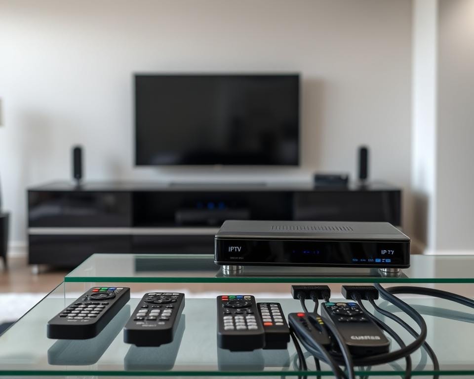 A modern home entertainment setup with a sleek black media center. In the foreground, a high-tech IPTV streaming device with clean lines and minimal branding sits atop a glass shelf. Subtle blue indicator lights softly glow, hinting at the device's capabilities. In the middle ground, various remote controls and cables neatly arranged, suggesting an organized, user-friendly experience. The background features a minimalist living room with neutral-toned walls, allowing the technology to take center stage. Soft, indirect lighting creates a calm, inviting atmosphere, perfect for immersing oneself in the world of IPTV.