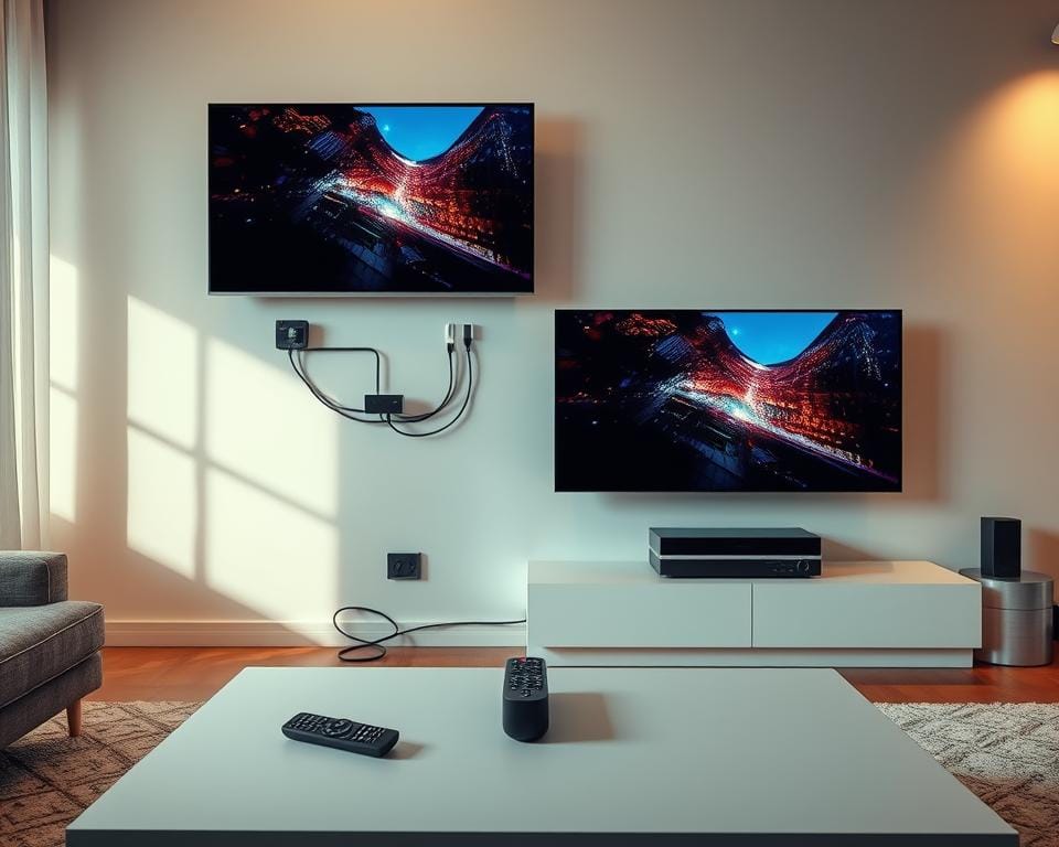 A modern home entertainment setup with a sleek, wall-mounted IPTV system. The living room is bathed in soft, warm lighting, creating a cozy atmosphere. The IPTV device is neatly installed, blending seamlessly into the decor. Cables are meticulously organized, hidden from view. A remote control sits on a minimalist coffee table, ready for user interaction. Large, high-definition screens display vibrant, crisp images, inviting the viewer to immerse themselves in the content. The overall scene conveys a sense of technological sophistication and effortless integration into the home environment.