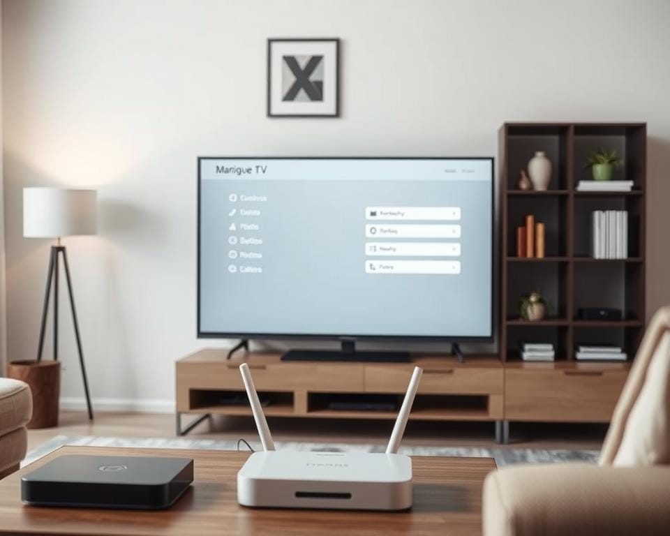 A modern living room setup with a sleek television display and various connected devices, including a streaming box or smart TV. The foreground features a minimalist IPTV configuration interface on the screen, showcasing intuitive menu options and customizable settings. The middle ground includes a wireless router and network-enabled devices like a laptop or tablet, emphasizing the seamless integration of IPTV technology. The background captures a cozy, well-lit ambiance with subtle home decor, creating a harmonious and practical environment for enjoying French television content.