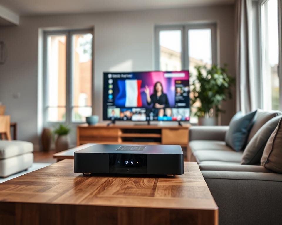 A modern living room with a cozy, inviting atmosphere. In the foreground, a sleek, high-end IPTV streaming device sits atop a minimalist wooden entertainment stand. The device's display shows a vibrant, high-definition image of a French television program, its crisp visuals and vivid colors drawing the viewer's attention. The middle ground features a comfortable, plush sofa in a neutral tone, complemented by accent pillows in muted blues and grays. In the background, large windows allow natural light to flood the space, creating a bright and airy ambiance. The overall scene conveys the ease and convenience of using IPTV to access French television content from the comfort of one's own home.