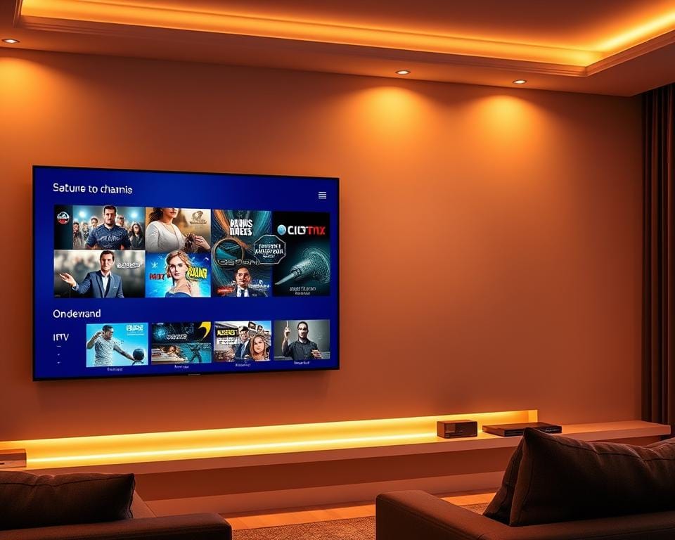 A modern living room with a large flat-screen IPTV display mounted on the wall, showcasing a diverse selection of live TV channels and on-demand content. The room is bathed in warm, ambient lighting, creating a cozy and inviting atmosphere. The IPTV user interface is prominently featured, displaying a clean and intuitive layout with easily navigable categories and options. The overall scene conveys the convenience and versatility of IPTV technology for accessing a wide range of TV programming and entertainment.