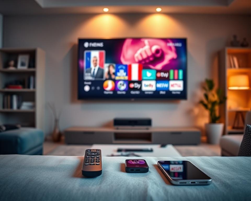 A modern living room with a large flat-screen television mounted on the wall. In the foreground, a sleek black remote control and a smartphone, symbolizing the convenience of IPTV services. On the TV screen, a vibrant display of French channels, showcasing the diversity of content available. The room is bathed in warm, ambient lighting, creating a cozy and inviting atmosphere. In the background, a bookshelf filled with French-themed decor and a potted plant, adding a touch of sophistication. The overall scene conveys the seamless integration of IPTV technology into a contemporary French home setting.