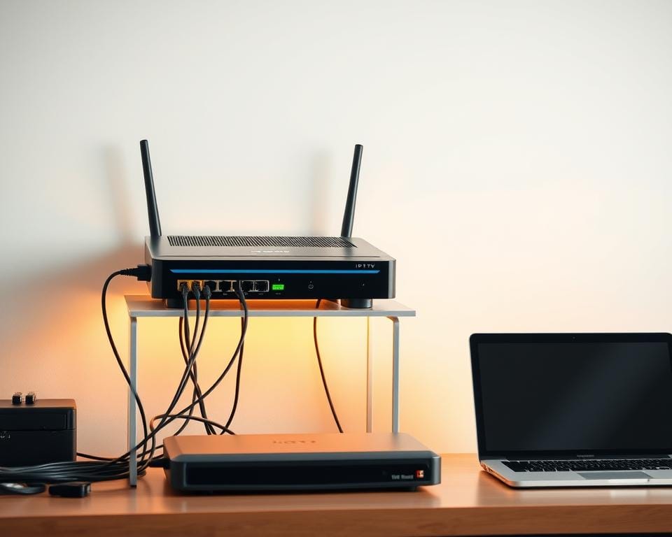 A modern, minimalist home office setup with a sleek network router, an IPTV set-top box, and a laptop or desktop computer. The router is the focal point, surrounded by cables and connections, with the IPTV box and computer neatly arranged on the desk. The lighting is bright and even, casting a warm, professional glow on the scene. The background is a simple, clean white or light gray wall, allowing the technical equipment to stand out. The overall composition is well-balanced, highlighting the essential components needed to configure an IPTV system.