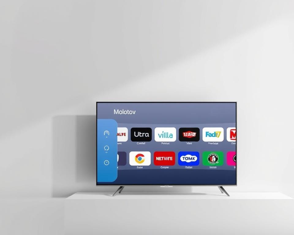 A modern, minimalist illustration of the Molotov TV user interface, showcasing the available TV channels. Set against a clean, neutral background, the interface displays a grid of colorful channel logos, arranged in a visually appealing layout. The interface features a sleek, sophisticated design with subtle gradients and smooth, rounded edges, conveying a sense of high-quality and user-friendly technology. Soft, diffused lighting from the top left casts gentle shadows, adding depth and dimension to the scene. The overall mood is one of contemporary elegance and digital sophistication, capturing the essence of the Molotov TV service as a premier IPTV provider in France.