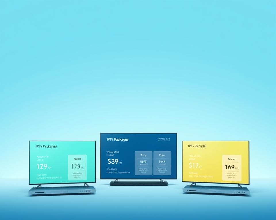 A modern, minimalist illustration showcasing different IPTV subscription types. In the foreground, three distinct packages are displayed on sleek, metallic devices, each with a unique icon and plan details. The middle ground features a subtle grid pattern, adding a clean, technical feel. The background is a muted, gradient sky-blue tone, conveying a sense of digital connectivity. Lighting is soft and diffused, creating an elegant, professional atmosphere. The composition is balanced and symmetrical, highlighting the subscription offerings in a clear, organized manner.