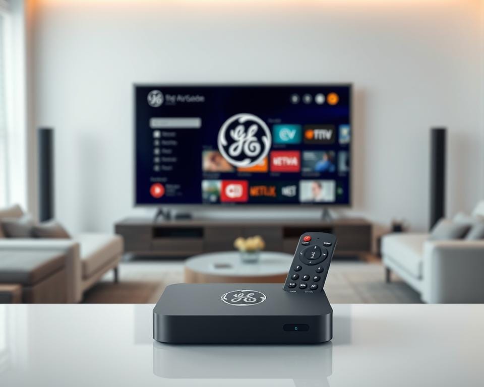 A modern, sleek IPTV setup displayed against a clean, minimalist background. In the foreground, a high-end smart TV or set-top box with the GE logo prominently featured, showcasing the IPTV interface and various content options. The middle ground features a modern, stylish remote control, highlighting the intuitive controls for navigating the IPTV system. The background depicts a contemporary living room setting with neutral tones, subtle lighting, and elegant furnishings to create a refined, premium atmosphere befitting the GE IPTV experience. The overall composition should convey a sense of technological sophistication, user-friendliness, and the seamless integration of IPTV into a modern home environment.