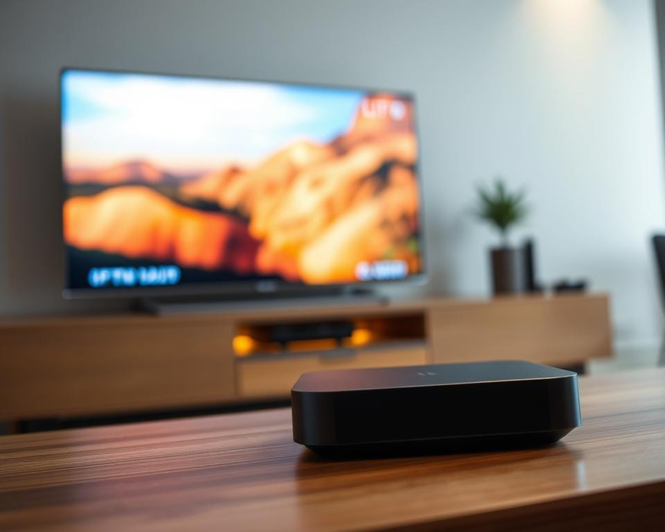 A modern, sleek IPTV setup with a minimalist design. In the foreground, a smart TV displaying a vivid, high-definition live TV stream. In the middle ground, a compact IPTV box with clean lines and a modern interface. The background features a stylish, minimalist home entertainment center with subtle accent lighting. The overall atmosphere conveys a sense of simplicity, efficiency, and technological sophistication, reflecting the convenience and reliability of IPTV as a television viewing solution.