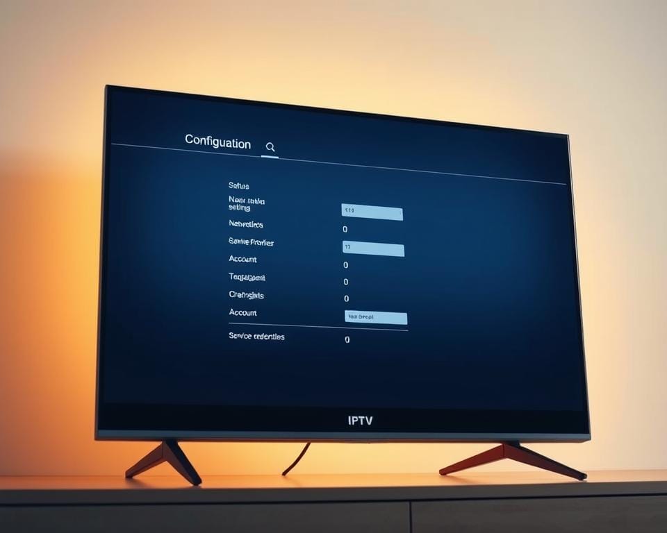 A modern, sleek smart TV with a clean, minimalist on-screen interface. The TV screen displays a configuration menu for IPTV setup, with options for network settings, service providers, and account credentials. The background is a soft, neutral color, creating a calm, focused atmosphere. Warm, directional lighting illuminates the screen, highlighting the details of the interface. The camera angle is slightly elevated, giving a sense of control and customization. The overall scene conveys a sense of technology and connectivity, suitable for illustrating a guide on IPTV subscription.
