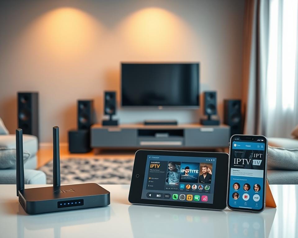 A modern tech-savvy living room with various IPTV-compatible devices prominently displayed. The foreground features a sleek 4K smart TV, a compact streaming box, and a wireless router. In the middle ground, a tablet and smartphone showcase IPTV app interfaces. The background showcases a home theater setup with surround sound speakers and a media center cabinet. The lighting is warm and inviting, creating a cozy ambiance for enjoying IPTV content. The overall scene conveys the versatility and convenience of IPTV technology integrated seamlessly into a contemporary home entertainment system.